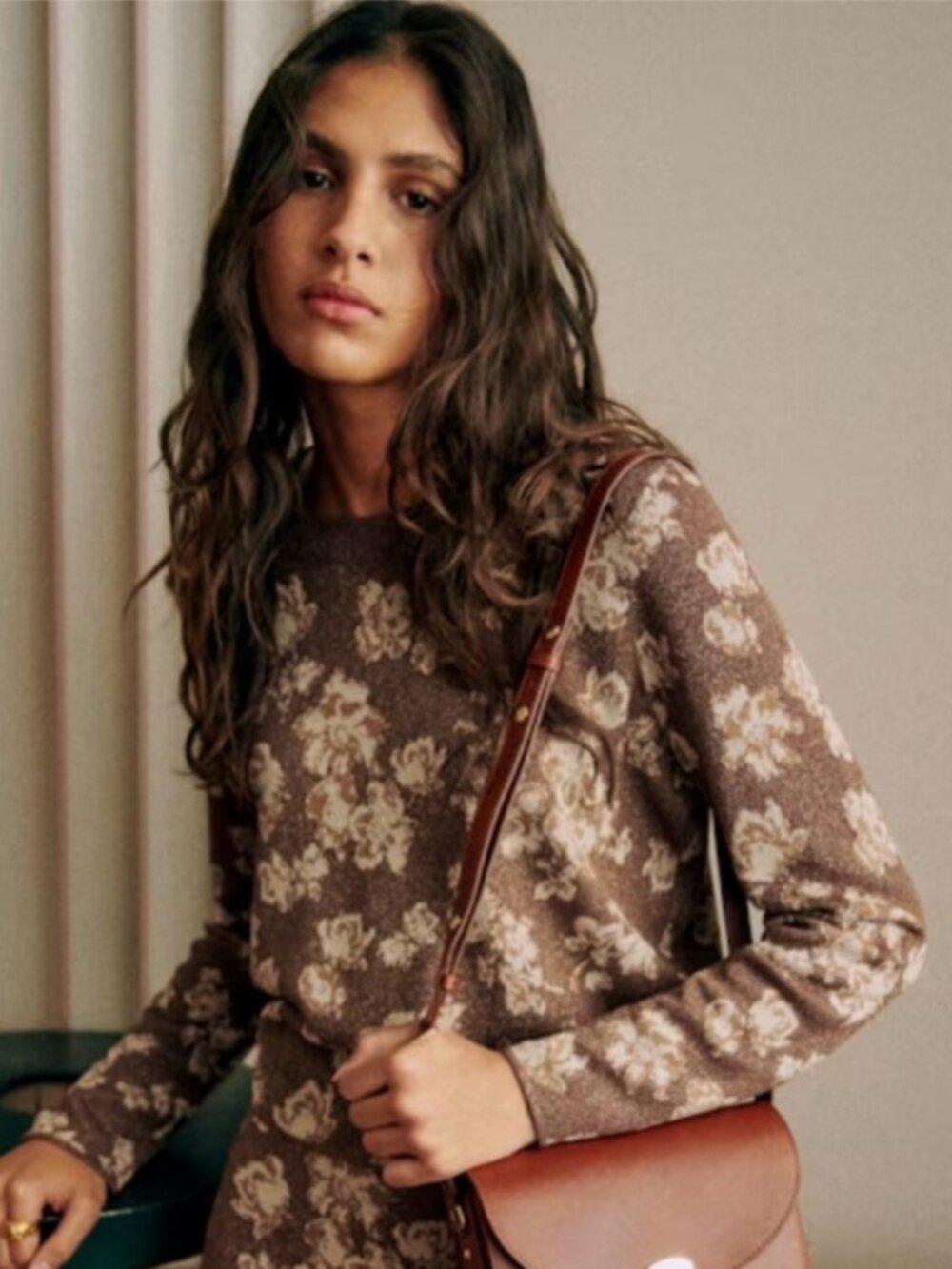 Sezane Charles Brown Jacquard Floral Jumper Top NWT
